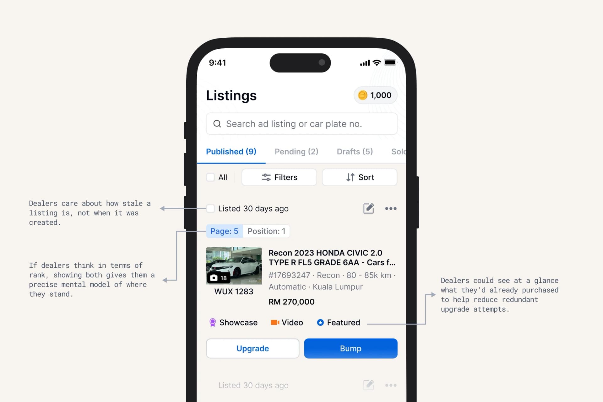 Dealer Mobile App — How dealers read a card: staleness, rank, whether it is worth spending on.