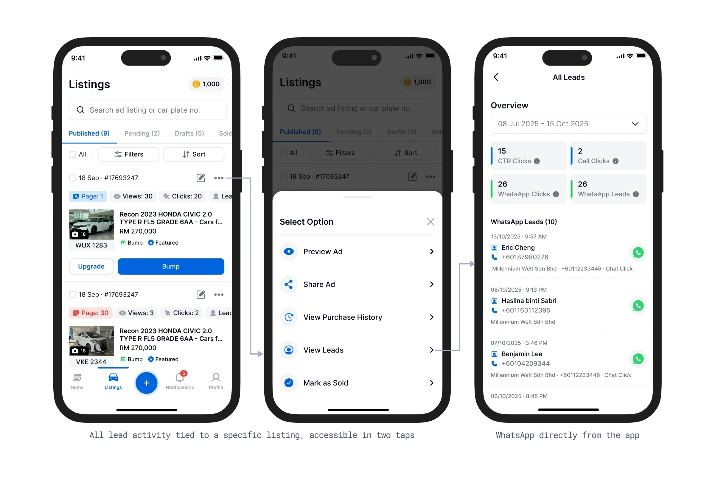 Working a lead — Lead activity, two taps from the listing.