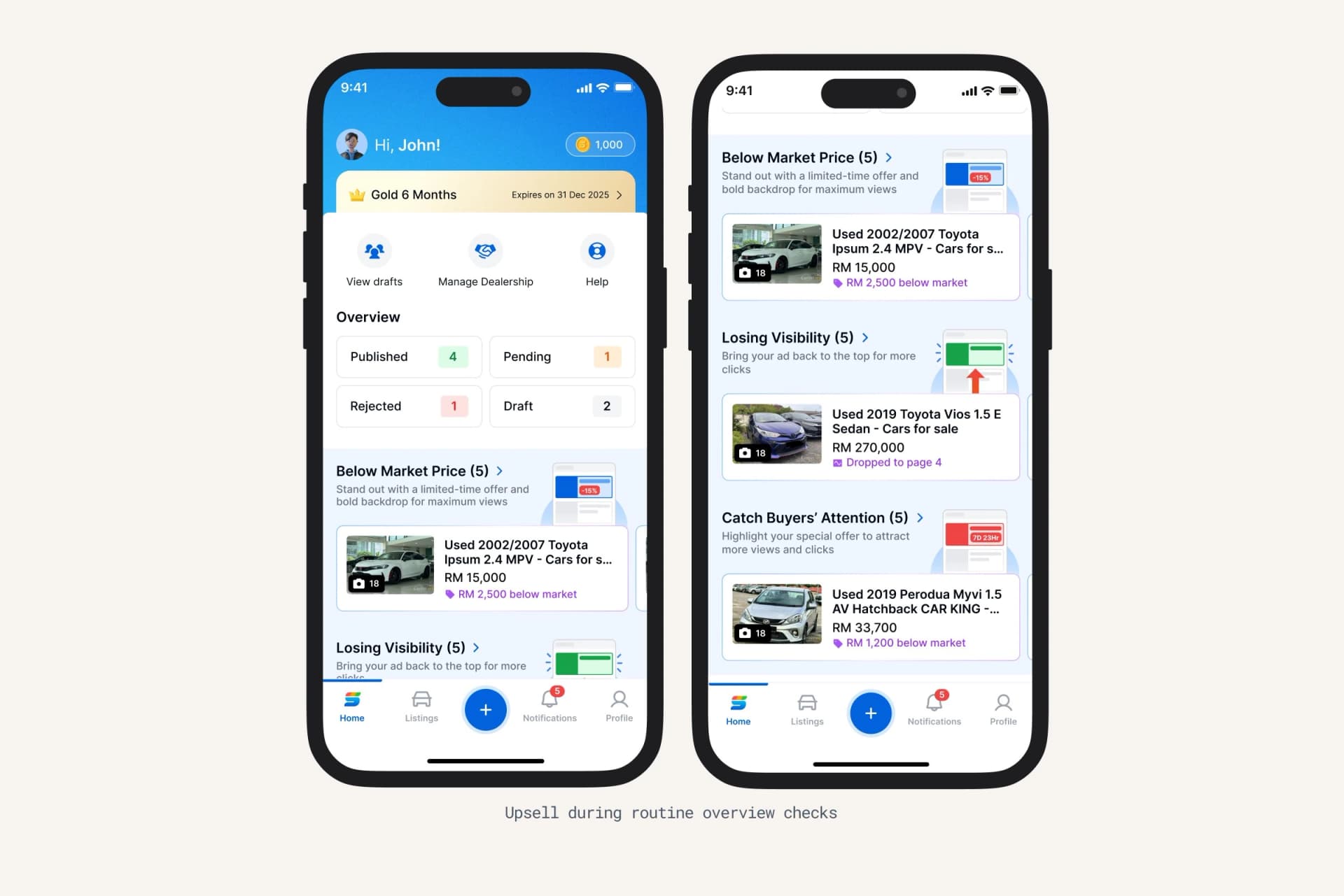 Dealer Mobile App — The overview doubles as the upsell moment, because dealers open it out of habit.