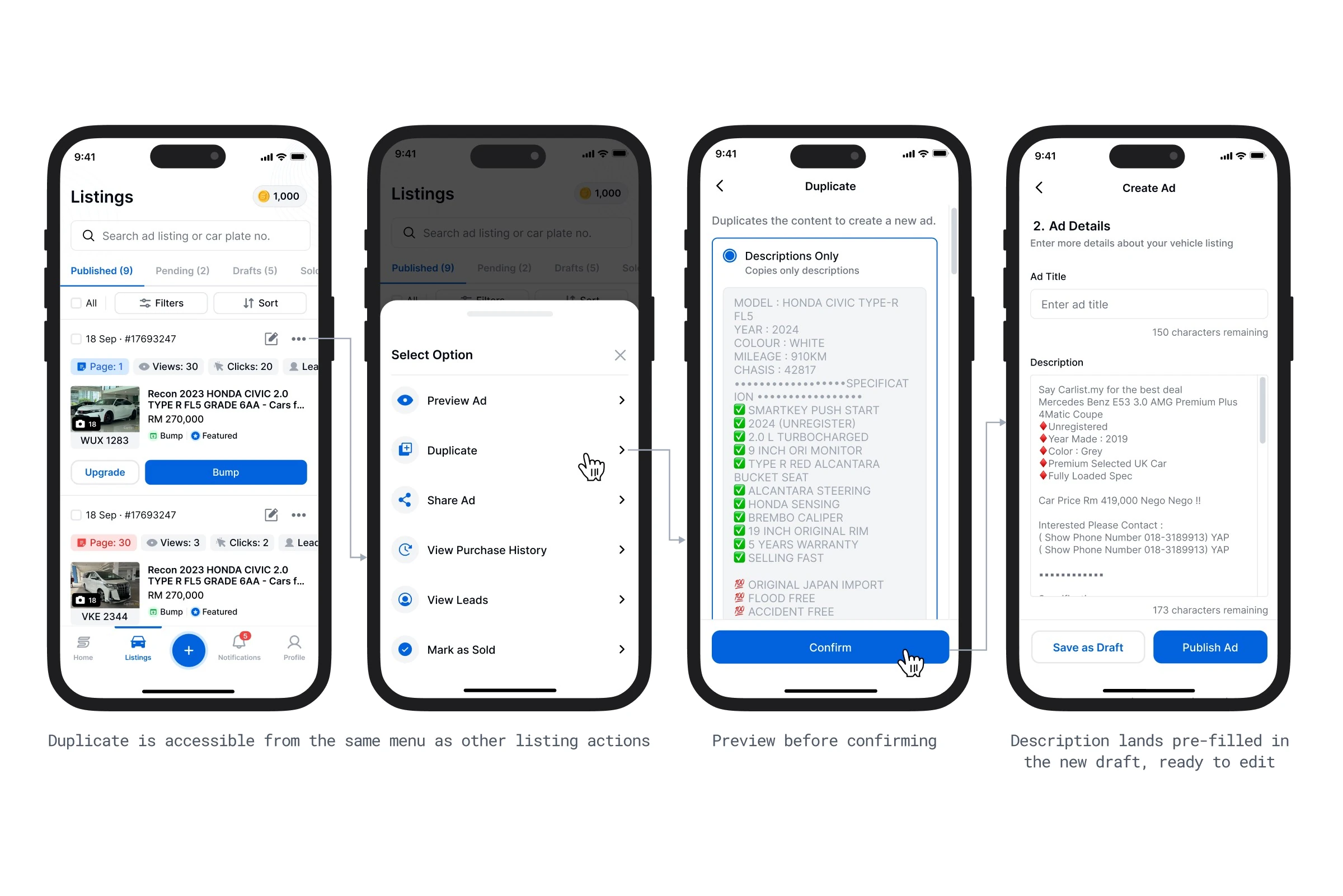 Duplicating a listing — Preview, confirm, edit a pre-filled draft.